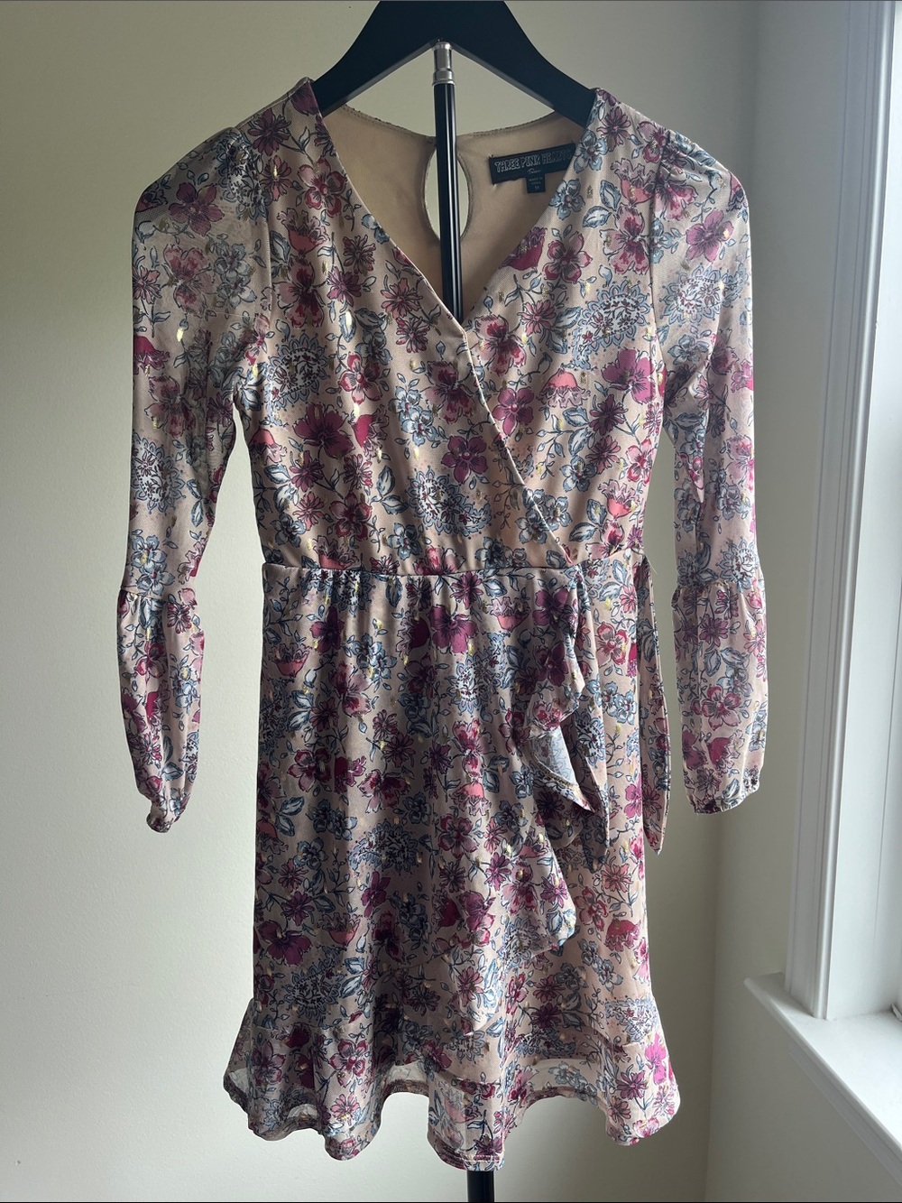 Three Pink Hearts Pink and Blue Floral Wrap Mini Dress